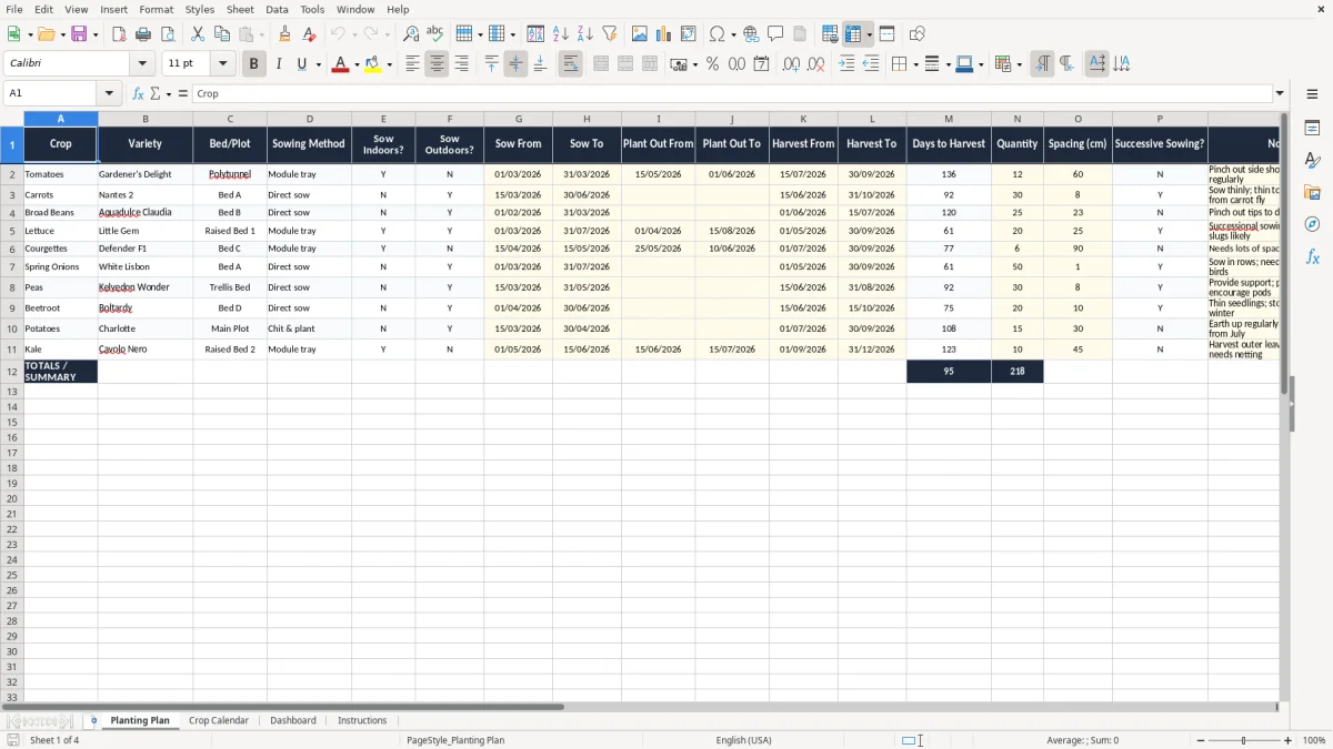 Screenshot 1: Planting Plan tab - Excel template allotment planting planner excel template uk