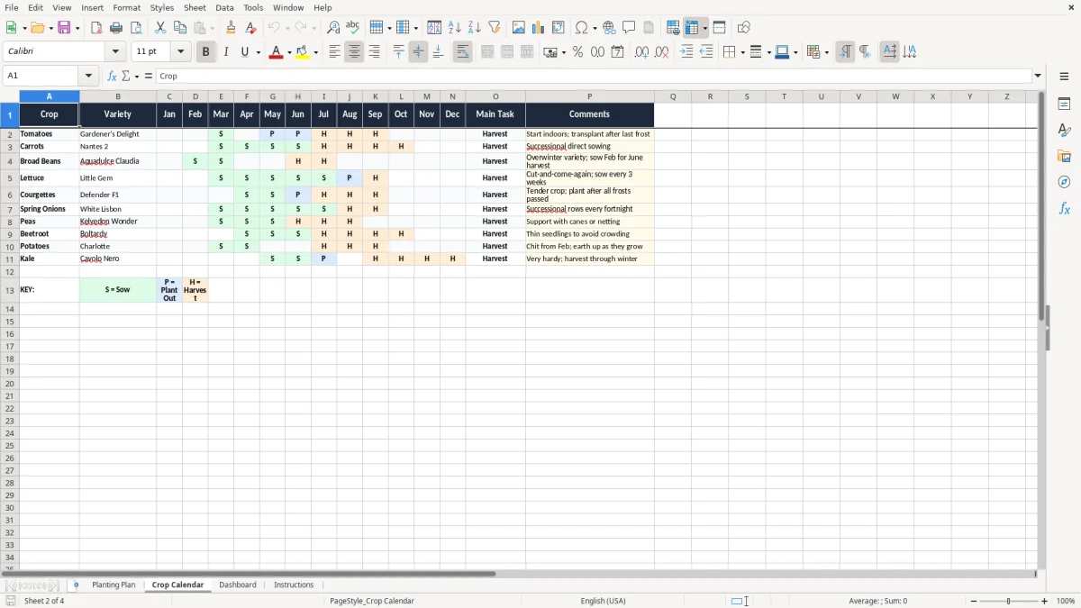 Screenshot 2: Crop Calendar tab - Excel template allotment planting planner excel template uk