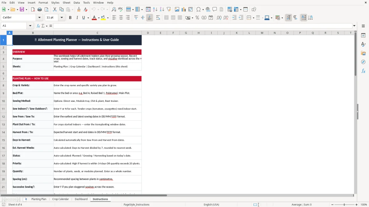Screenshot 4: Instructions tab - Excel template allotment planting planner excel template uk