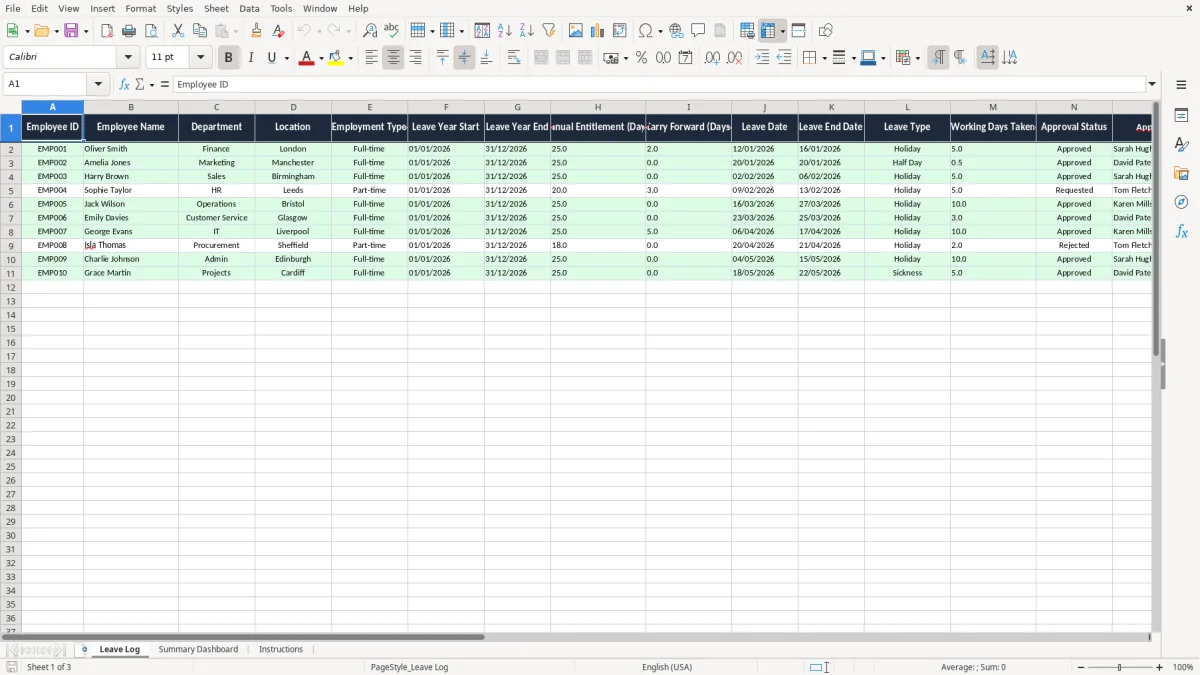 Screenshot 1: Leave Log tab - Excel template annual leave tracker excel template uk