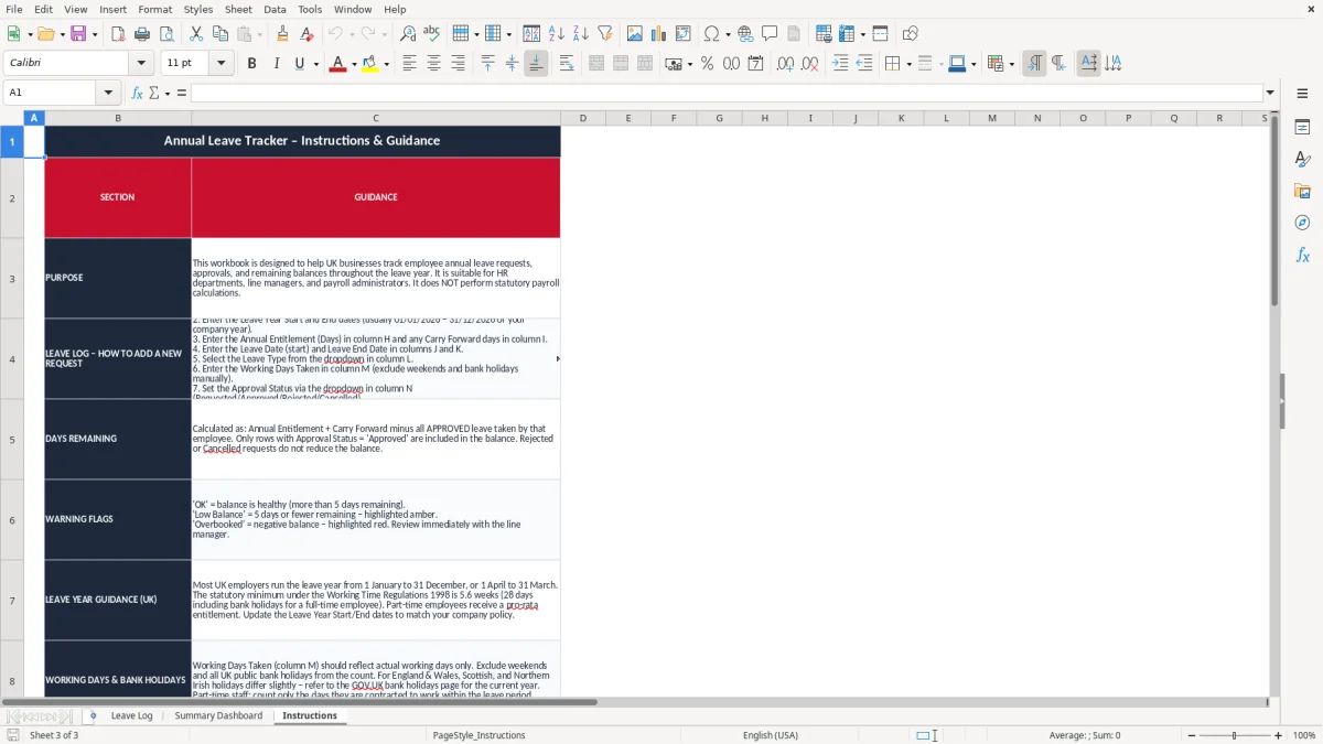 Screenshot 3: Instructions tab - Excel template annual leave tracker excel template uk