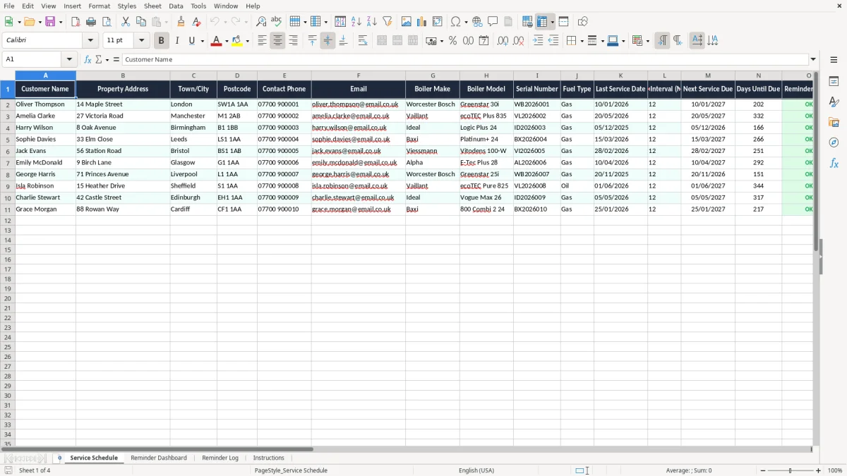 Screenshot 1: Service Schedule tab - Excel template boiler service reminder excel template uk