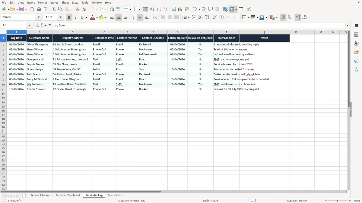 Screenshot 3: Reminder Log tab - Excel template boiler service reminder excel template uk