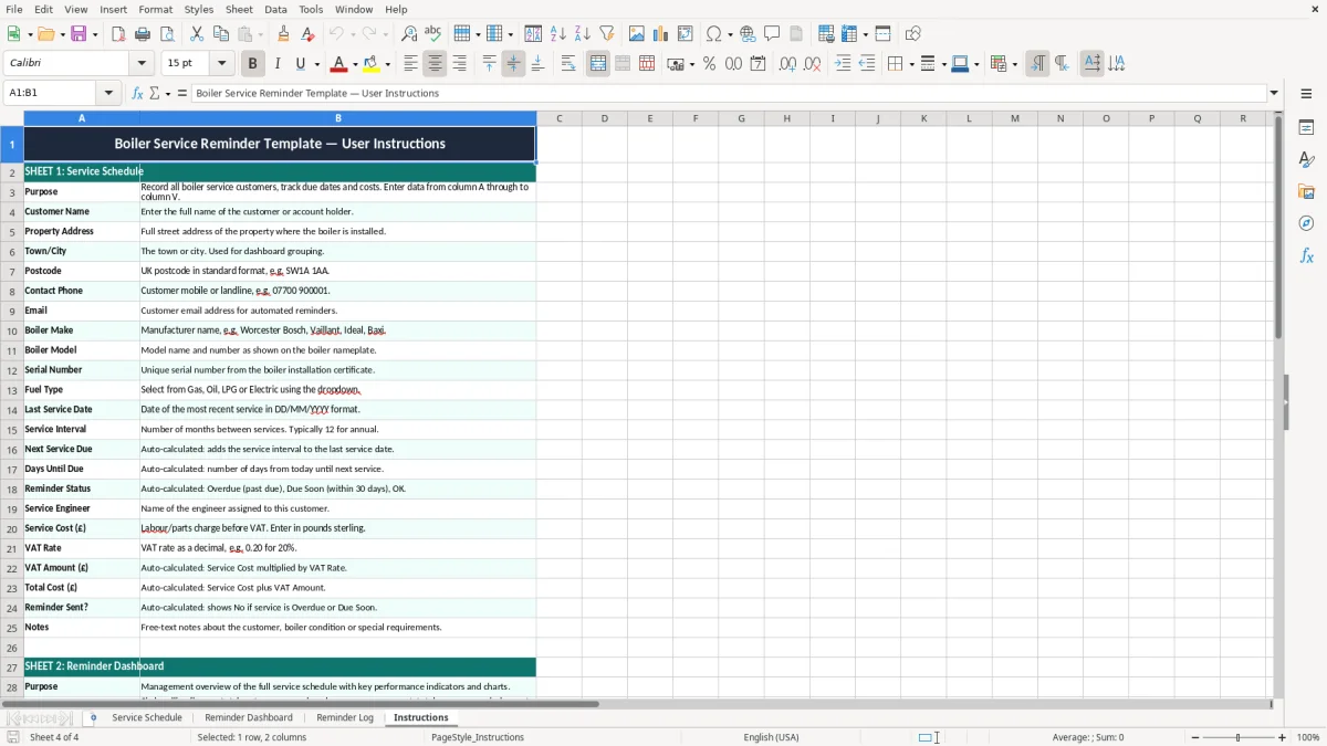 Screenshot 4: Instructions tab - Excel template boiler service reminder excel template uk