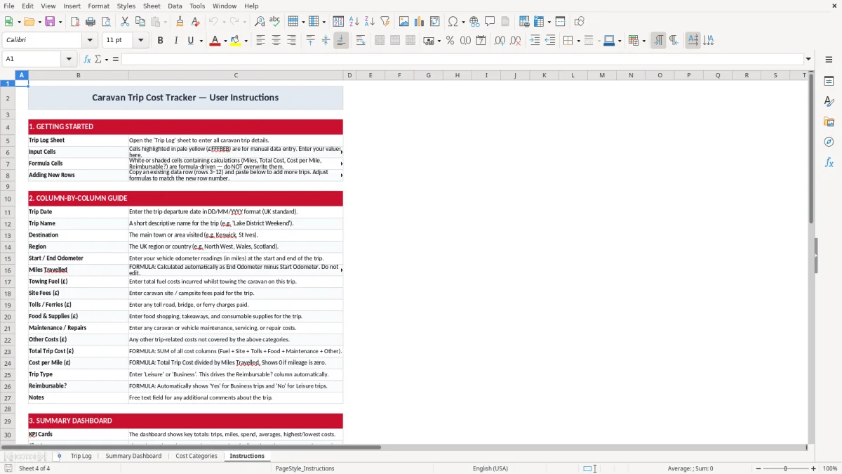 Screenshot 4: Instructions tab - Excel template caravan trip cost tracker excel template uk