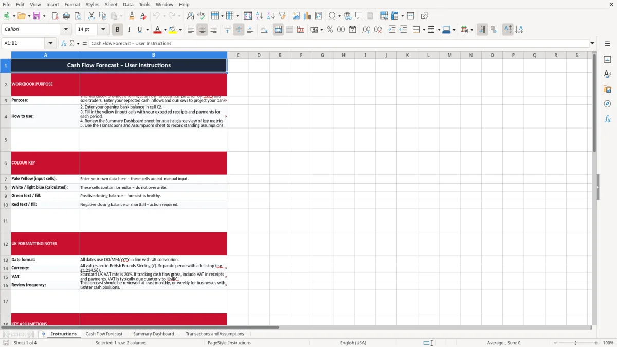 Skärmbild 1: fliken Instructions - Excelmall cash flow forecast excel template uk