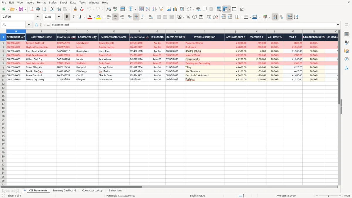 Screenshot 1: CIS Statements tab - Excel template cis subcontractor statement excel template