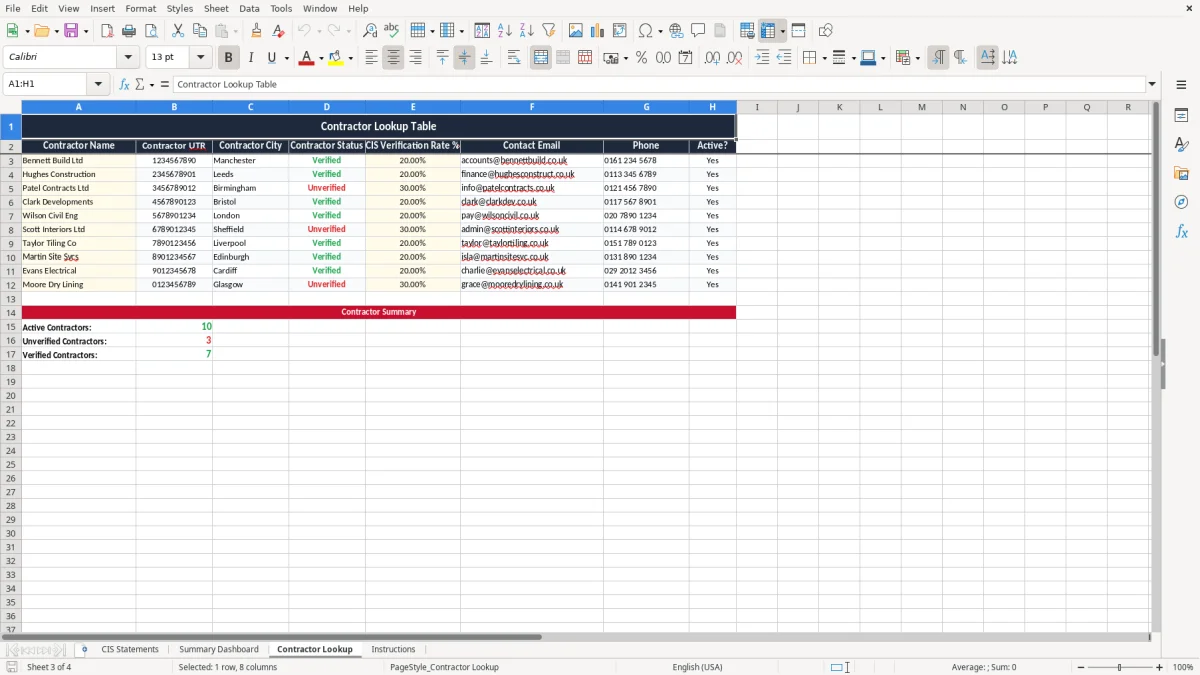 Screenshot 3: Contractor Lookup tab - Excel template cis subcontractor statement excel template