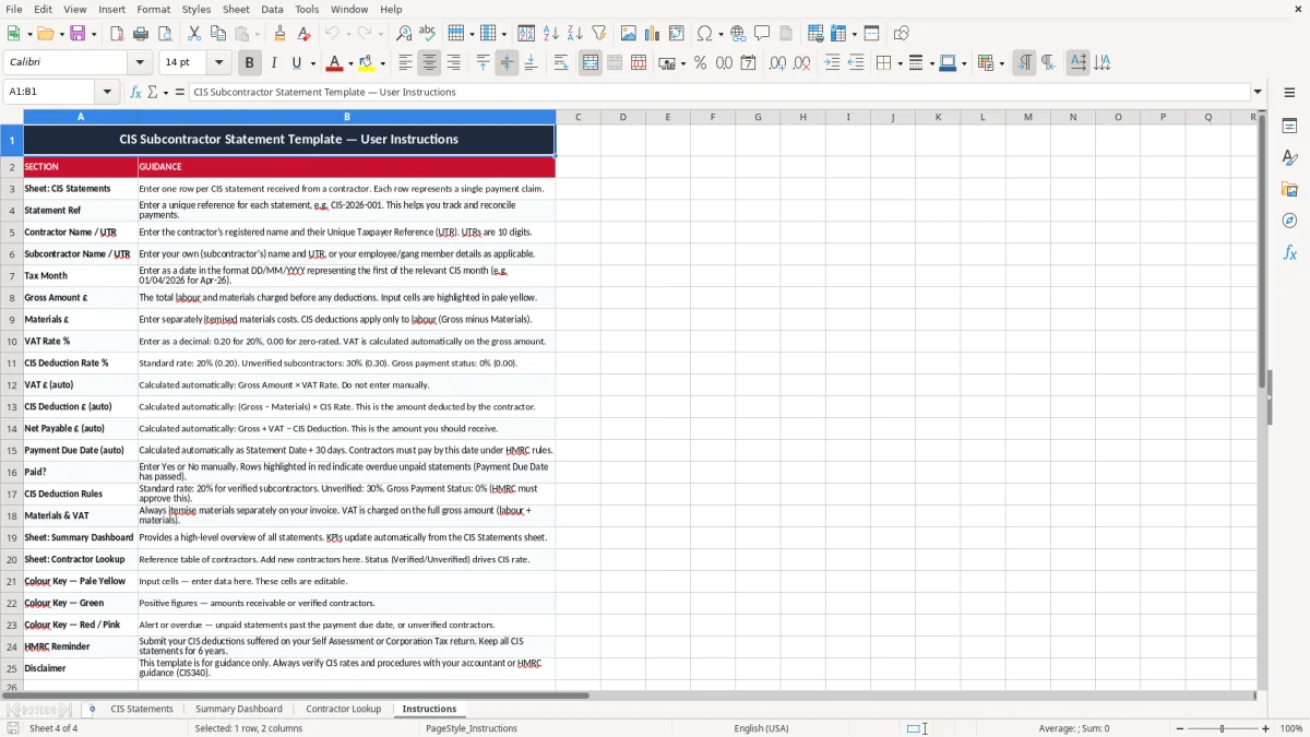 Screenshot 4: Instructions tab - Excel template cis subcontractor statement excel template
