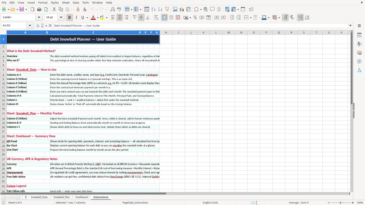 Screenshot 4: Instructions tab - Excel template debt snowball excel template uk