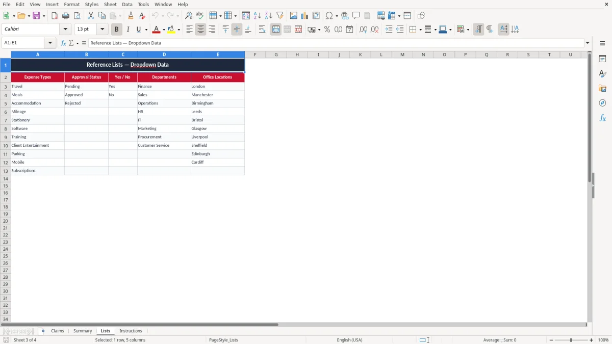 Screenshot 3: Lists tab - Excel template expenses claim form excel template uk