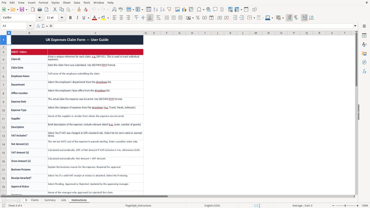 Screenshot 4: Instructions tab - Excel template expenses claim form excel template uk