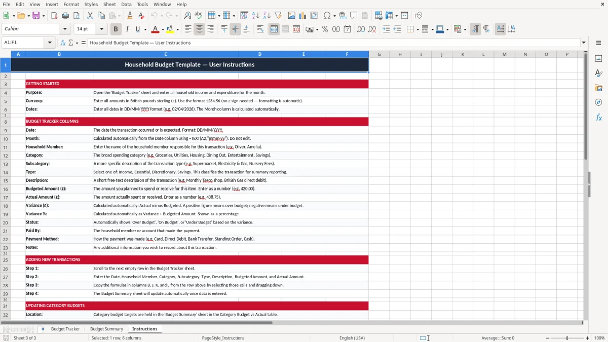 Screenshot 3: Instructions tab - Excel template household budget excel template uk