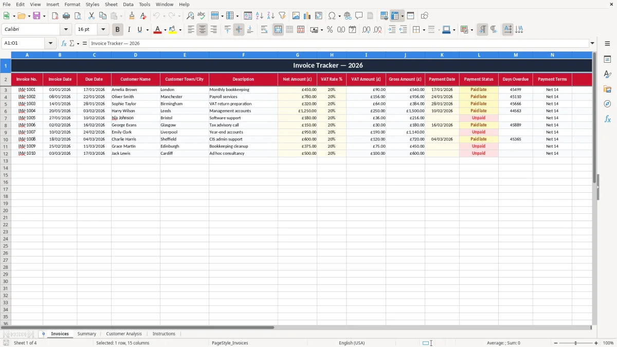 Screenshot 1: Invoices tab - Excel template invoice tracker excel template uk