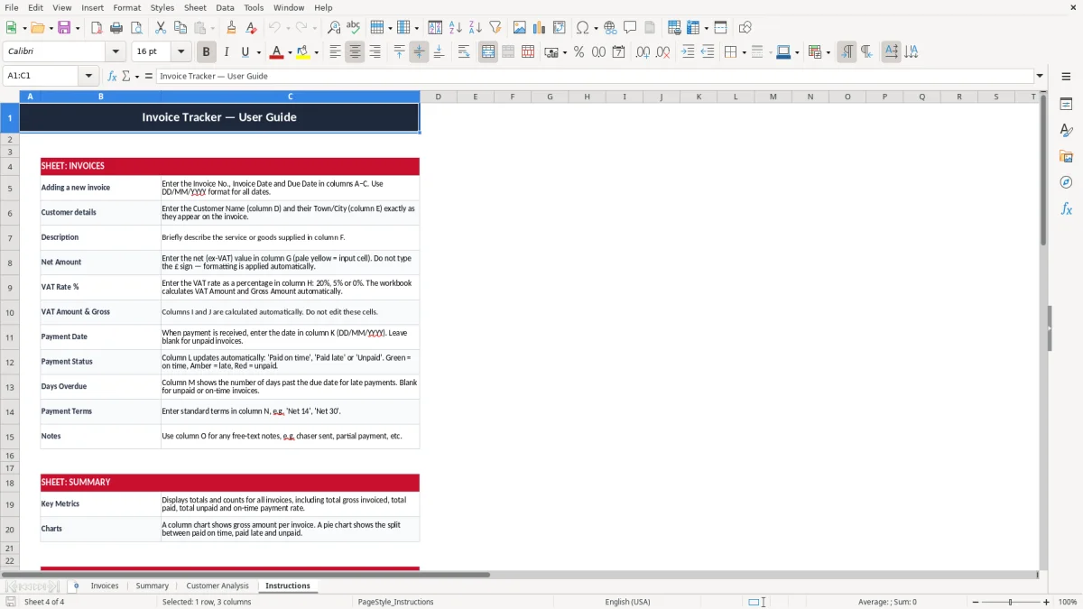 Screenshot 4: Instructions tab - Excel template invoice tracker excel template uk