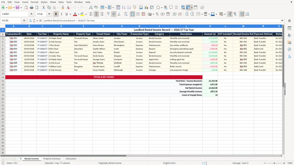 Screenshot 1: Rental Income tab - Excel template landlord rental income excel template uk