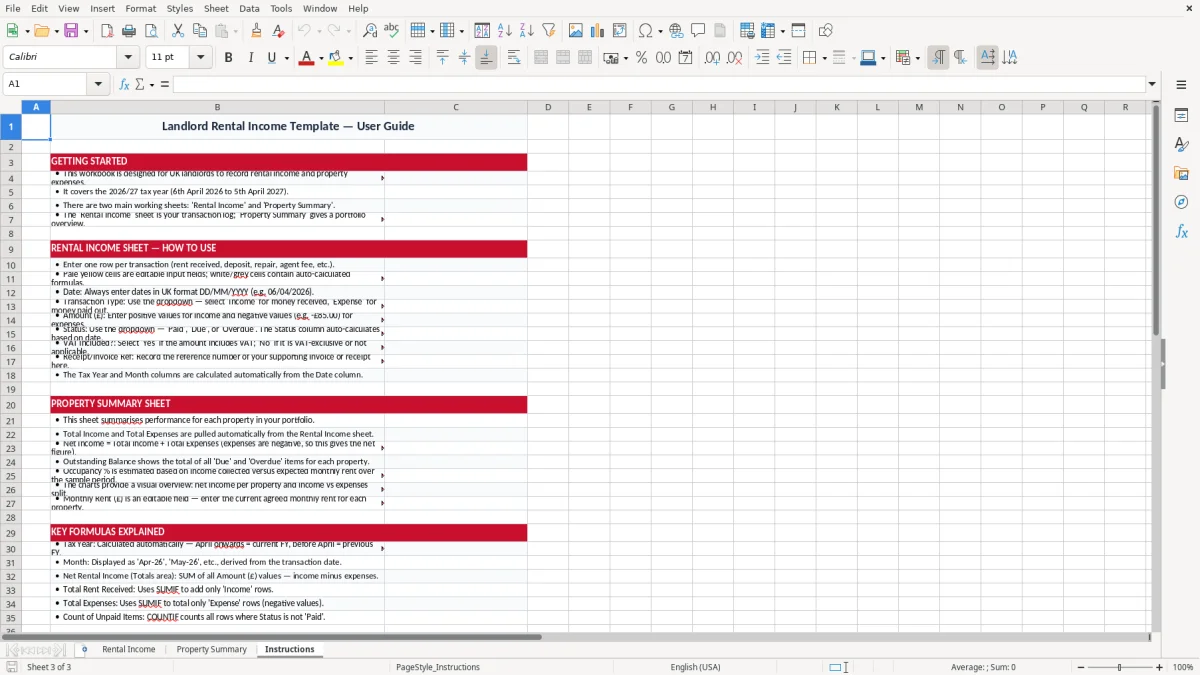 Screenshot 3: Instructions tab - Excel template landlord rental income excel template uk