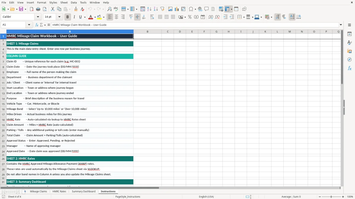 Skärmbild 4: fliken Instructions - Excelmall mileage claim excel template hmrc