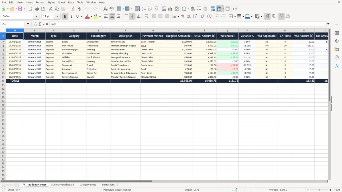Screenshot 1: Budget Planner tab - Excel template monthly budget planner excel template uk