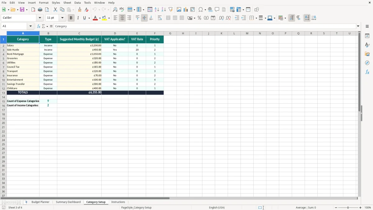Screenshot 3: Category Setup tab - Excel template monthly budget planner excel template uk