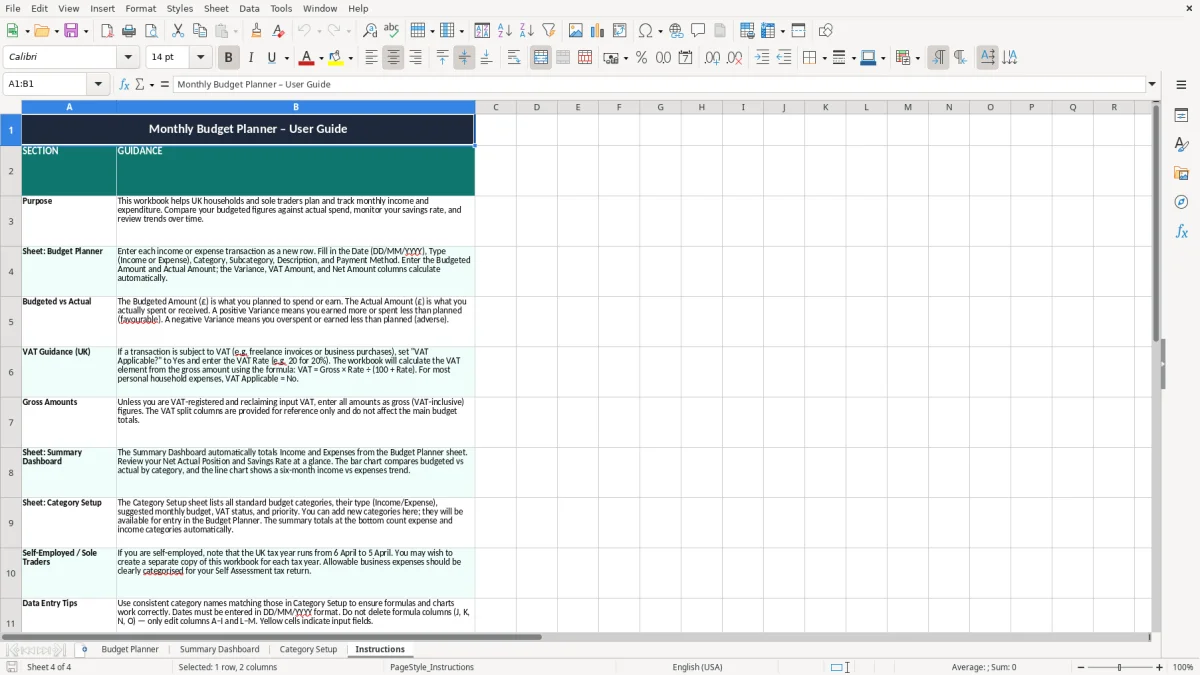 Screenshot 4: Instructions tab - Excel template monthly budget planner excel template uk
