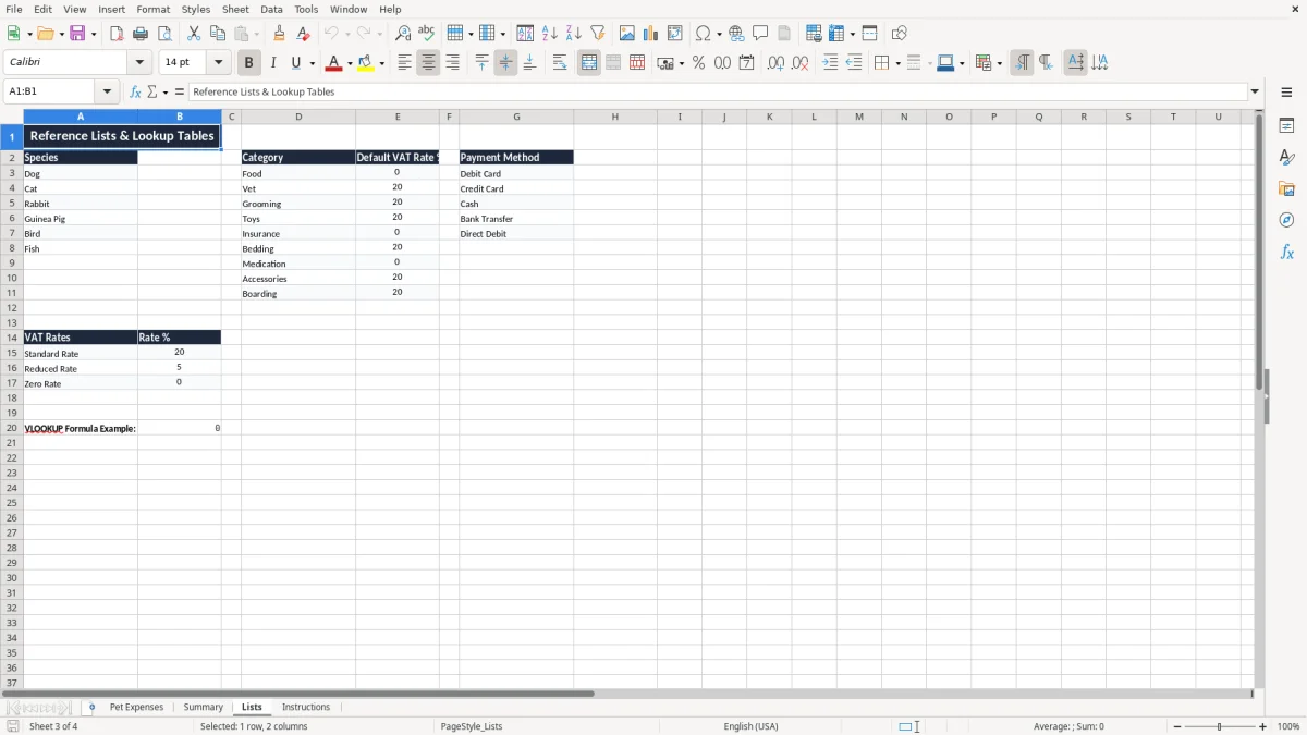 Screenshot 3: Lists tab - Excel template pet expenses tracker excel template uk