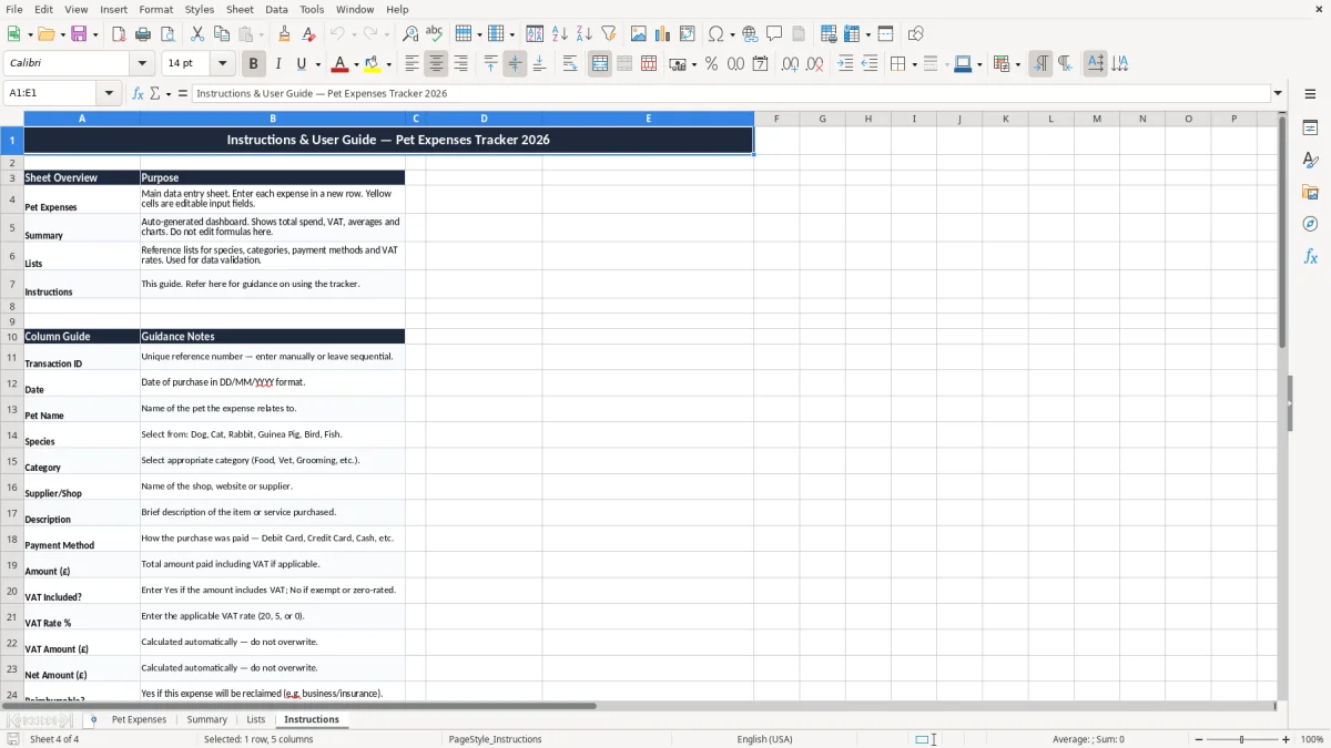 Screenshot 4: Instructions tab - Excel template pet expenses tracker excel template uk