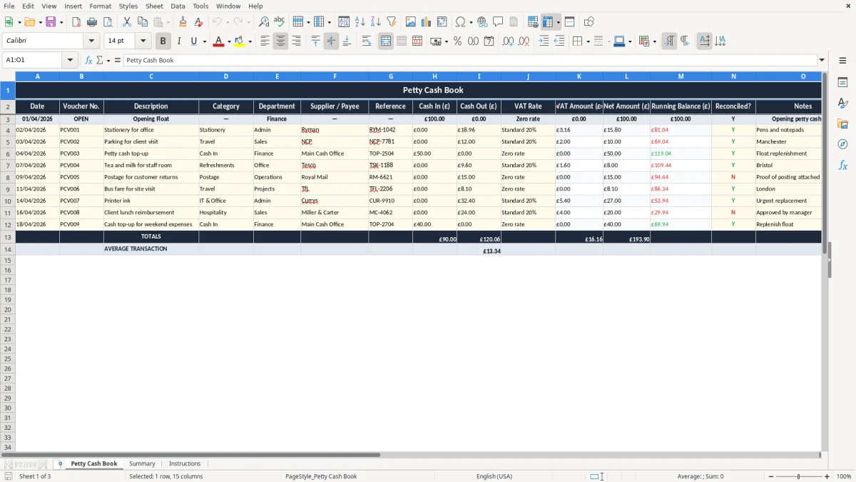 Screenshot 1: Petty Cash Book tab - Excel template petty cash book excel template uk