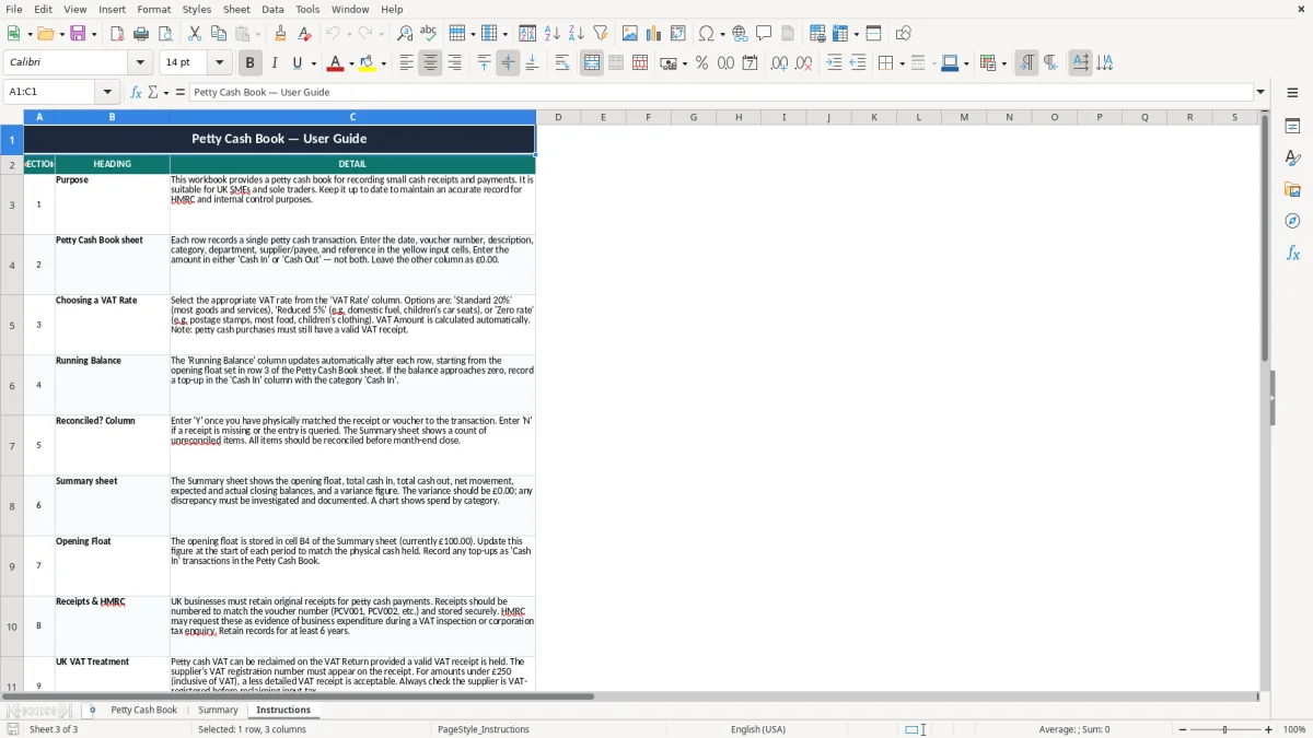 Screenshot 3: Instructions tab - Excel template petty cash book excel template uk