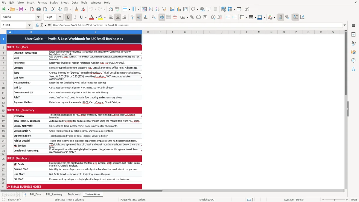 Screenshot 4: Instructions tab - Excel template profit and loss excel template uk small business