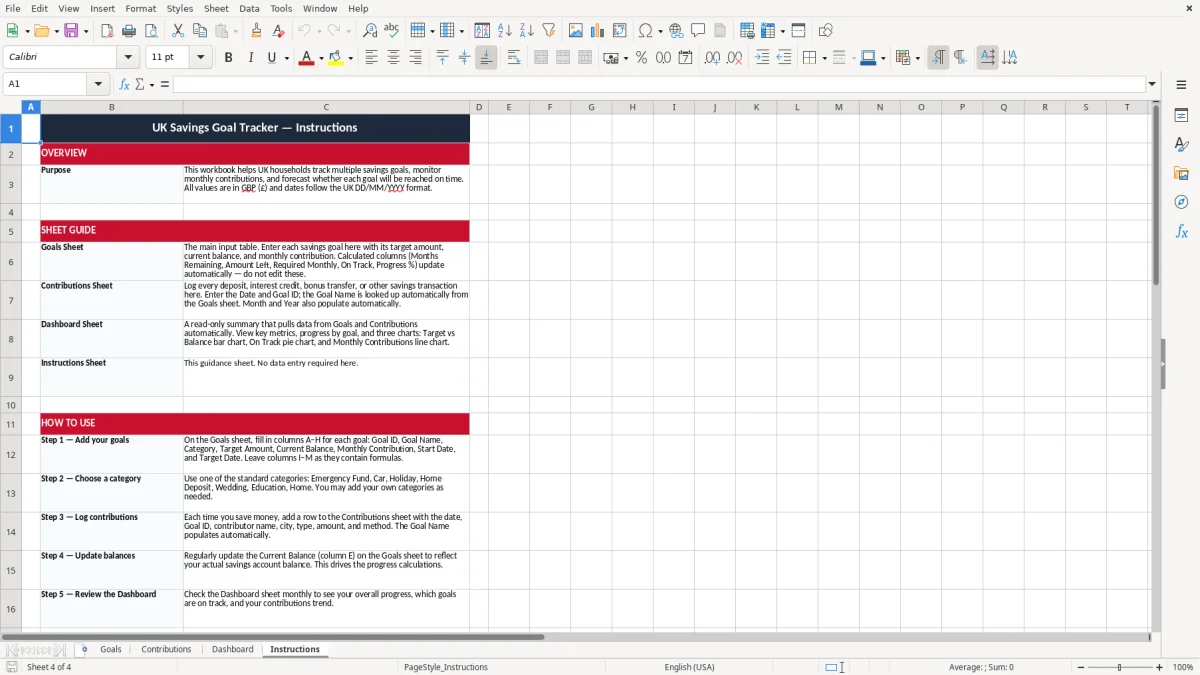 Screenshot 4: Instructions tab - Excel template savings goal tracker excel template uk
