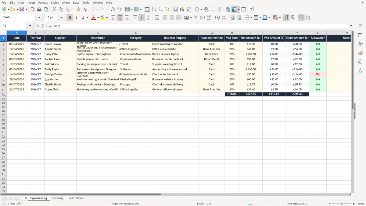 Skärmbild 1: fliken Expenses Log - Excelmall self assessment expenses excel template
