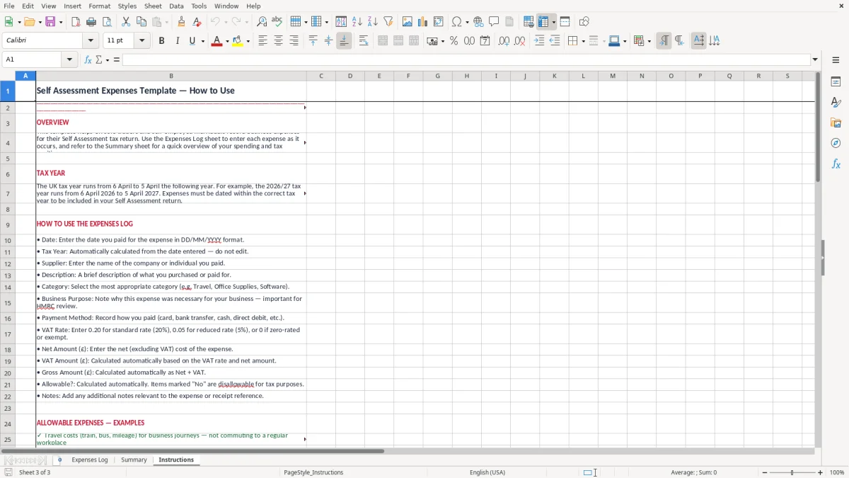 Skärmbild 3: fliken Instructions - Excelmall self assessment expenses excel template