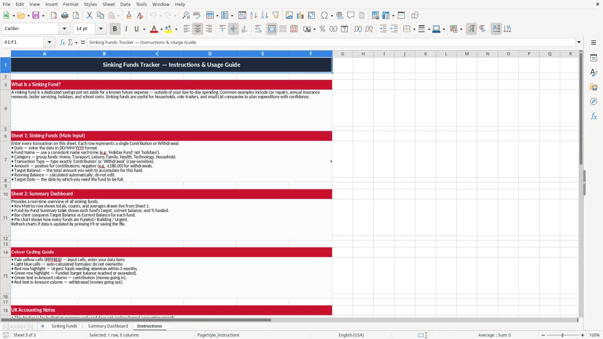 Screenshot 3: Instructions tab - Excel template sinking funds tracker excel template uk