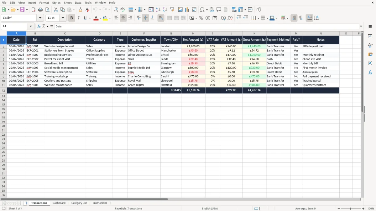 Screenshot 1: Transactions tab - Excel template small business bookkeeping excel template uk
