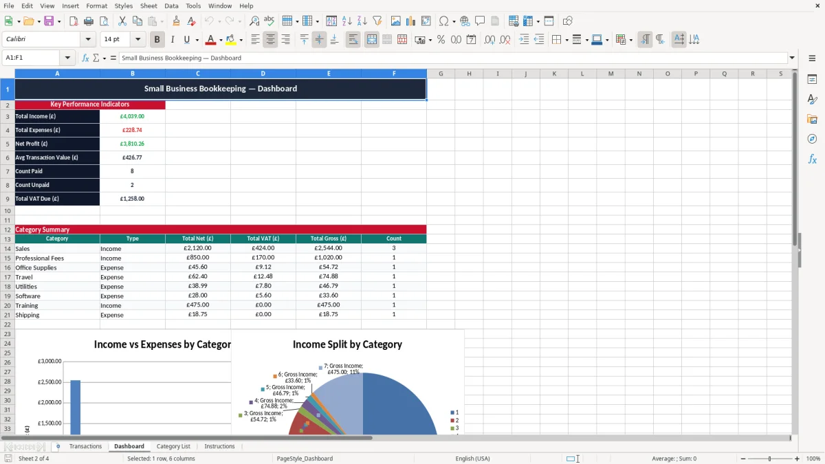 Screenshot 2: Dashboard tab - Excel template small business bookkeeping excel template uk
