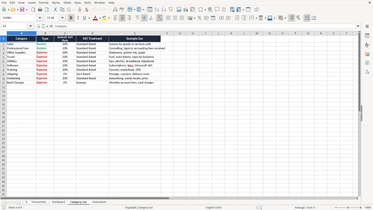 Screenshot 3: Category List tab - Excel template small business bookkeeping excel template uk