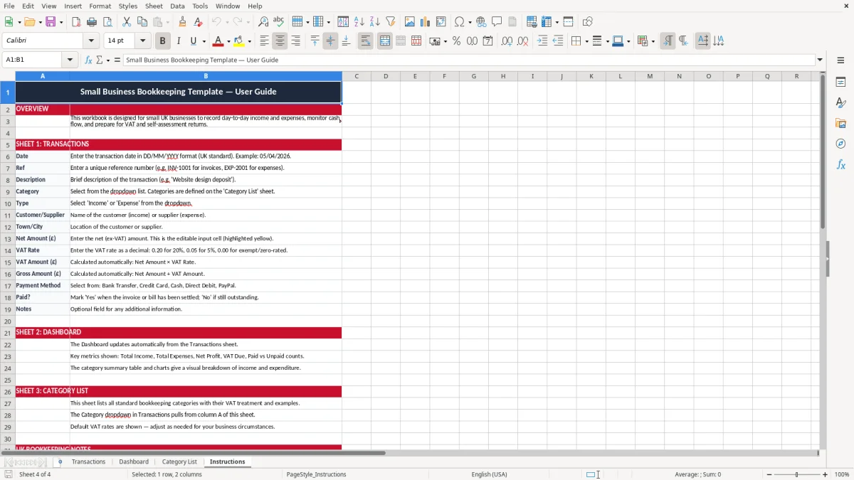 Screenshot 4: Instructions tab - Excel template small business bookkeeping excel template uk
