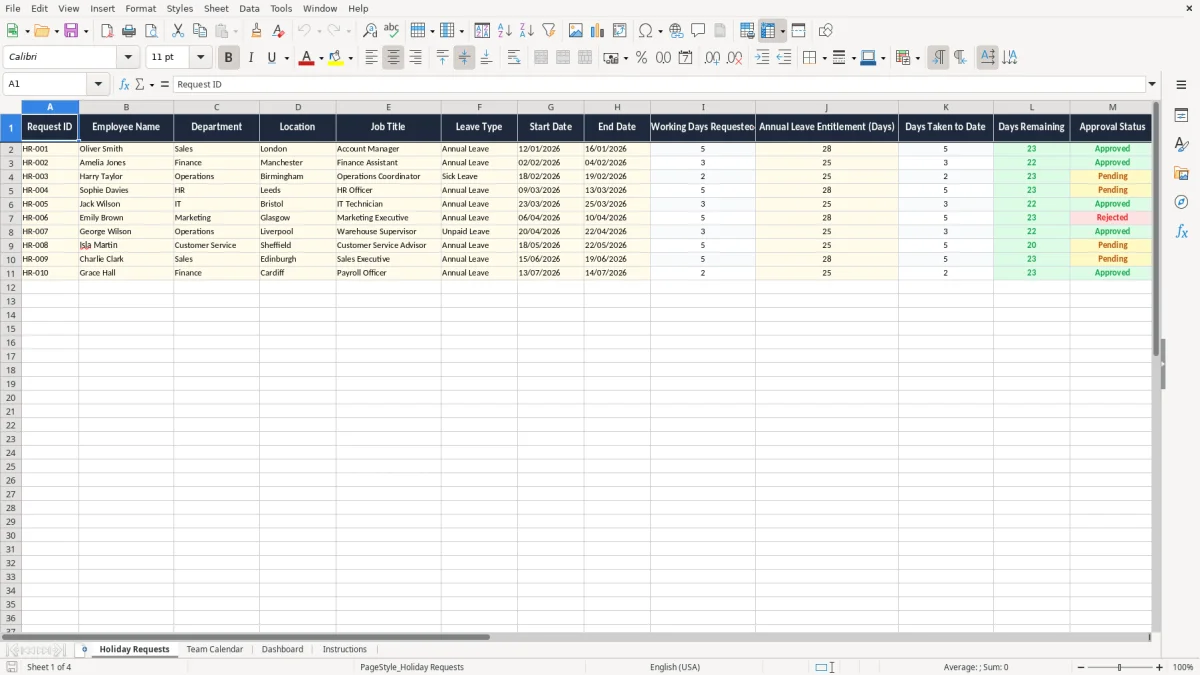 Screenshot 1: Holiday Requests tab - Excel template staff holiday planner excel template uk