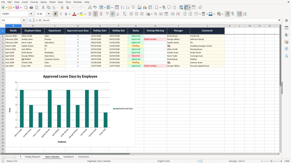 Screenshot 2: Team Calendar tab - Excel template staff holiday planner excel template uk