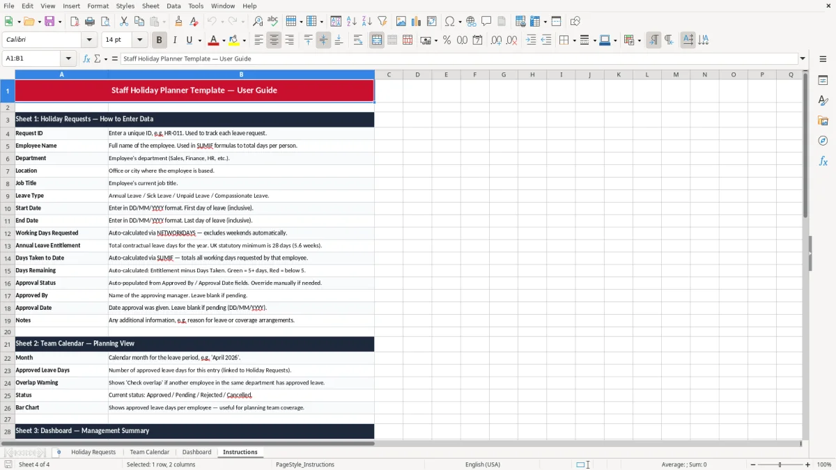Screenshot 4: Instructions tab - Excel template staff holiday planner excel template uk
