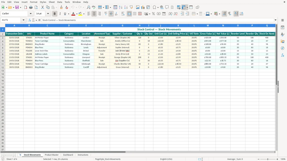 Screenshot 1: Stock Movements tab - Excel template stock control excel template uk