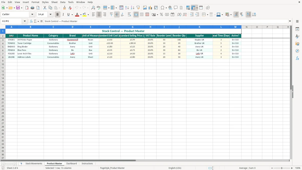Screenshot 2: Product Master tab - Excel template stock control excel template uk