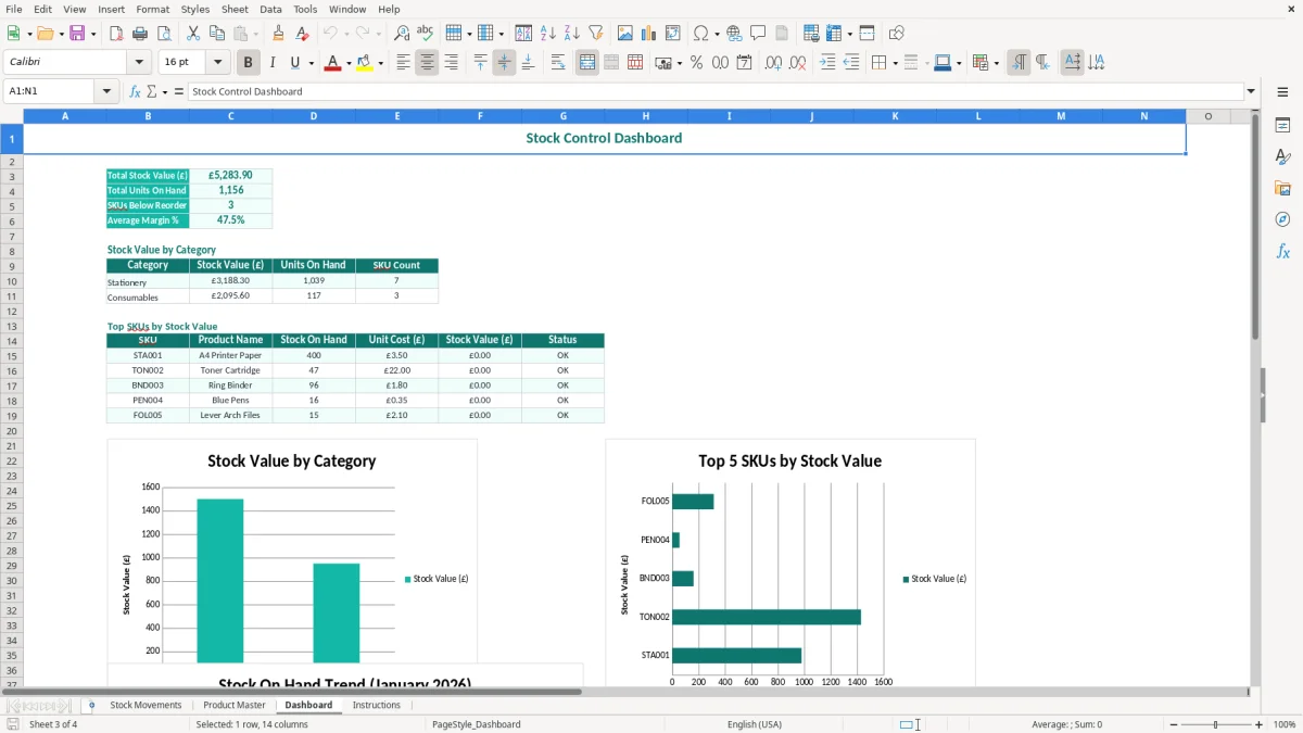 Screenshot 3: Dashboard tab - Excel template stock control excel template uk
