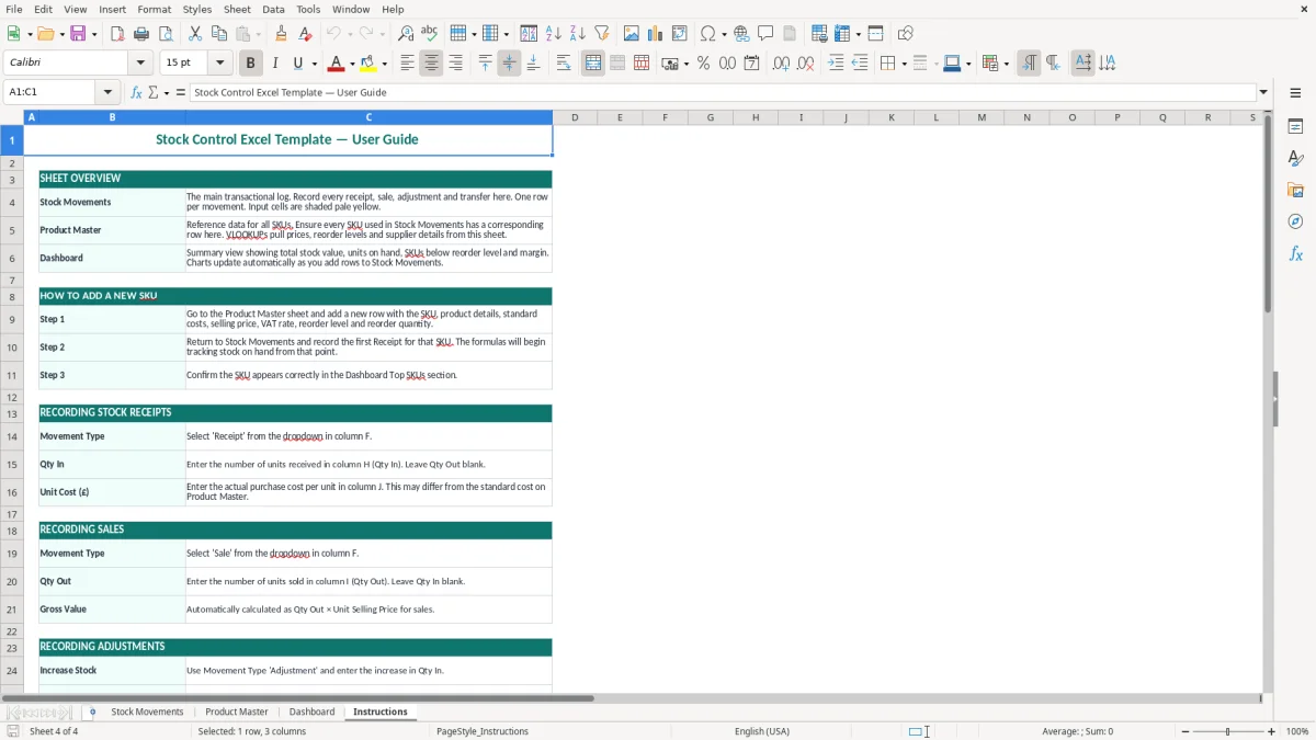 Screenshot 4: Instructions tab - Excel template stock control excel template uk