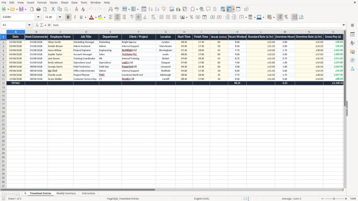 Screenshot 1: Timesheet Entries tab - Excel template timesheet excel template uk