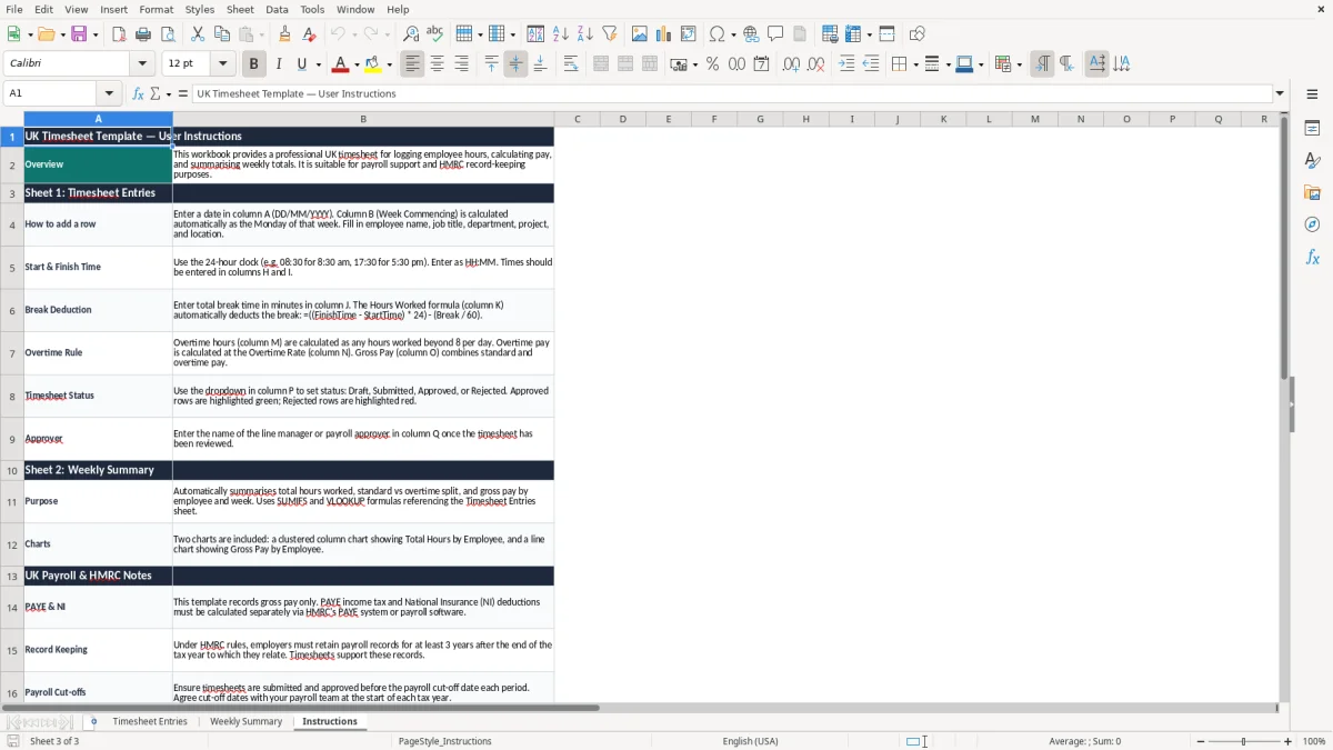 Screenshot 3: Instructions tab - Excel template timesheet excel template uk