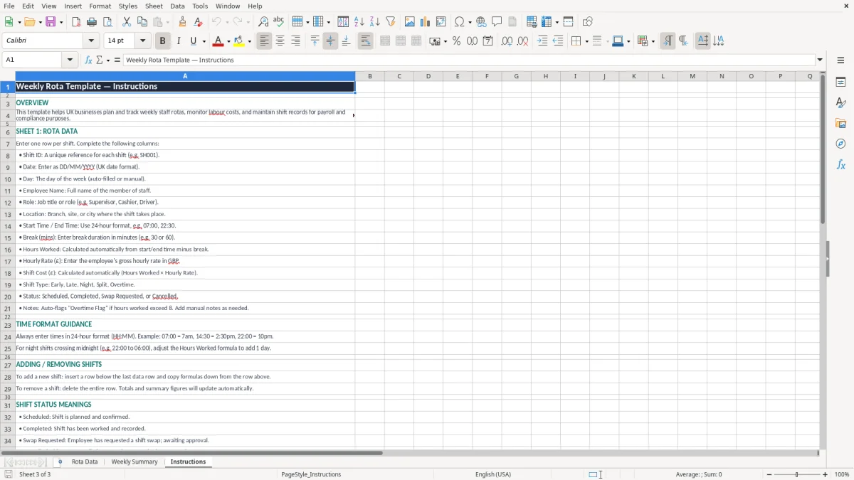 Skärmbild 3: fliken Instructions - Excelmall weekly rota excel template free
