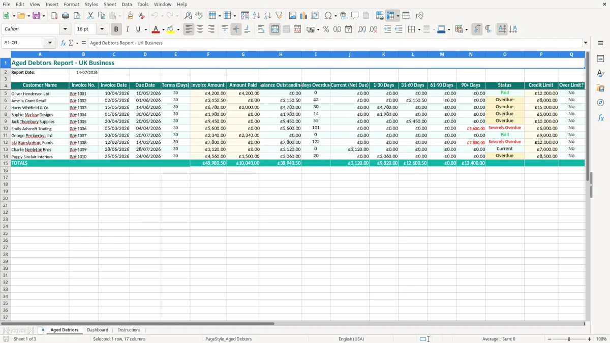 Screenshot 1: Aged Debtors tab - Excel template aged debtors excel template uk