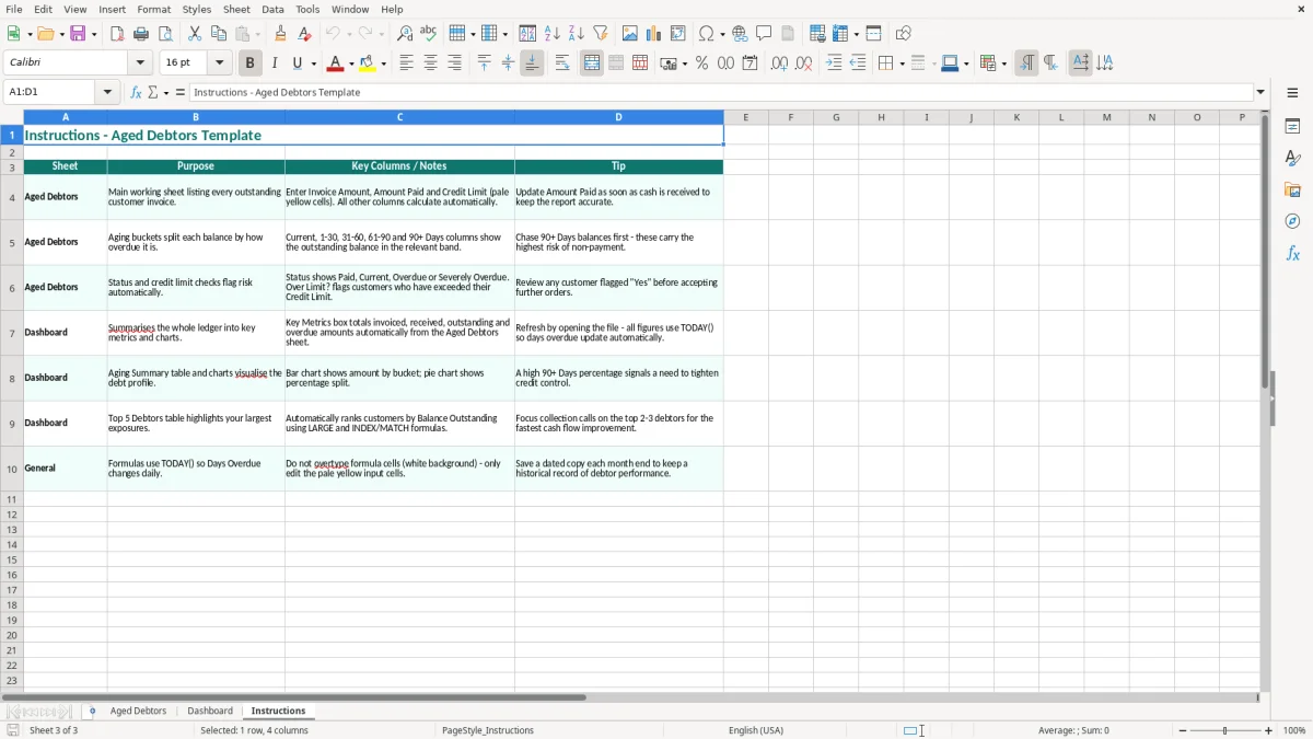 Screenshot 3: Instructions tab - Excel template aged debtors excel template uk